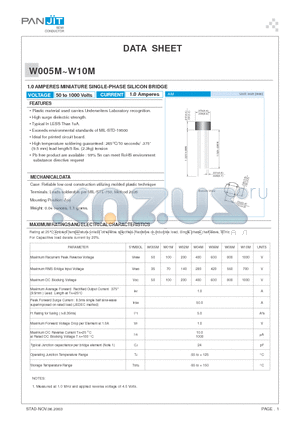 W01M datasheet - 1.0 AMPERES MINIATURE SINGLE-PHASE SILICON BRIDGE