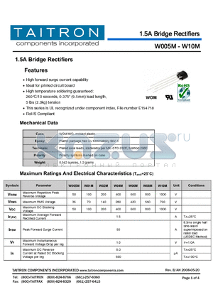 W01M datasheet - 1.5A Bridge Rectifiers