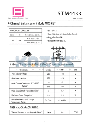 STM4433 datasheet - P-Channel E nhancement Mode MOSFET