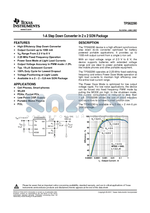 TPS62290 datasheet - 1-A Step Down Converter in 2 x 2 SON Package