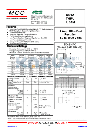 US1J datasheet - 1 Amp Ultra Fast Rectifier 50 to 1000 Volts