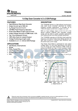 TPS62290DRV datasheet - 1-A Step Down Converter in 2 x 2 SON Package