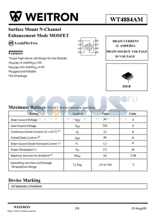 STM4884A datasheet - Surface Mount N-Channel Enhancement Mode MOSFET
