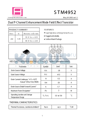 STM4952 datasheet - Dual P-Channel E nhancement Mode Field Effect Transistor