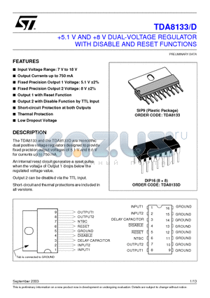 TDA8133_03 datasheet - 5.1 V AND 8 V DUAL-VOLTAGE REGULATOR WITH DISABLE AND RESET FUNCTIONS