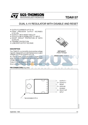 TDA8137 datasheet - DUAL 5.1V REGULATOR WITH DISABLE AND RESET