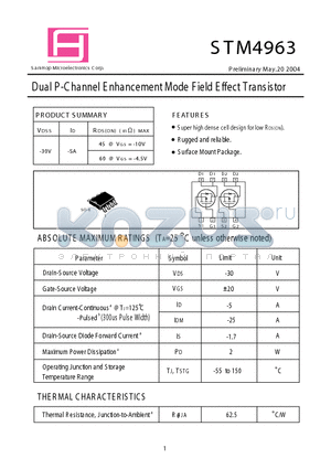 STM4963 datasheet - Dual P-Channel E nhancement Mode Field Effect Transistor