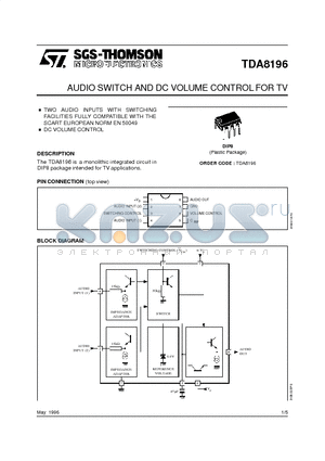 TDA8196 datasheet - AUDIO SWITCH AND DC VOLUME CONTROLFOR TV