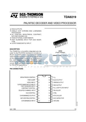 TDA8219 datasheet - PAL/NTSC DECODER AND VIDEO PROCESSOR