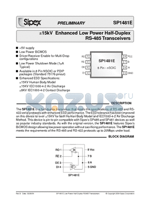 SP1481E datasheet - a15kV Enhanced Low Power Half-Duplex RS-485 Transceivers