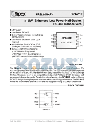 SP1481EMN datasheet - a15kV Enhanced Low Power Half-Duplex RS-485 Transceivers