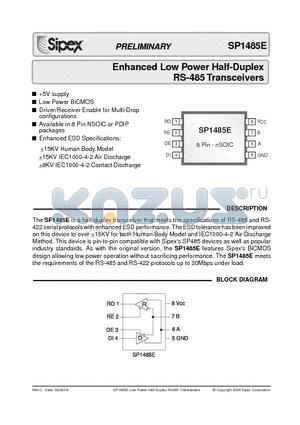 SP1485ECP datasheet - Enhanced Low Power Half-Duplex RS-485 Transceivers