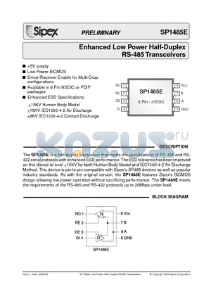 SP1485ECN datasheet - Enhanced Low Power Half-Duplex RS-485 Transceivers