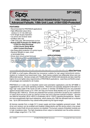 SP1486E datasheet - 5V, 20Mbps PROFIBUS RS485/RS422 Transceivers Advanced Failsafe, 1/8th Unit Load, a15kV ESD-Protected