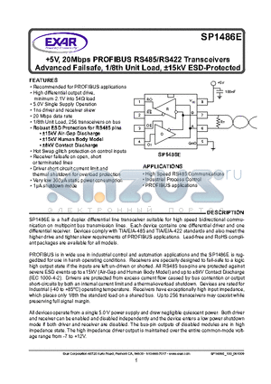 SP1486E datasheet - 5V, 20Mbps PROFIBUS RS485/RS422 Transceivers Advanced Failsafe, 1/8th Unit Load, a15kV ESD-Protected