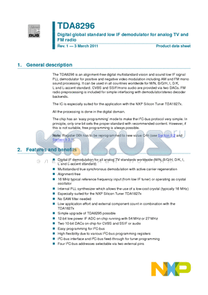 TDA8296HN datasheet - Digital global standard low IF demodulator for analog TV and FM radio