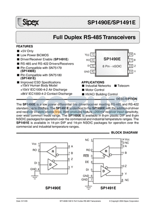 SP1490ECN/TR datasheet - Full Duplex RS-485 Transceivers