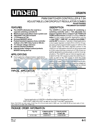 US2076 datasheet - PWM SWITCHER CONTROLLER & 7.5A ADJUSTABLE LOW DROPOUT REGULATOR COMBO