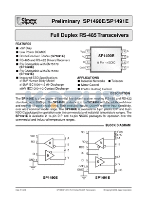 SP1491ECN datasheet - Full Duplex RS-485 Transceivers