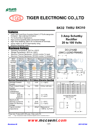 SK35 datasheet - 3 Amp Schottky Rectifier 20 to 100 Volts