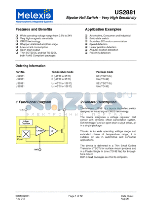 US2881 datasheet - Bipolar Hall Switch - Very High Sensitivity