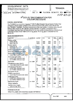 TDA8452A datasheet - P2CCD FILTER COMBINATION FOR COLOUR DECODERS