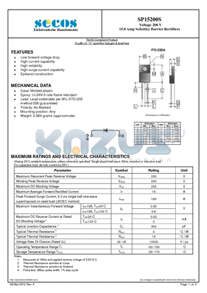 SP15200S datasheet - Voltage 200 V 15.0 Amp Schottky Barrier Rectifiers