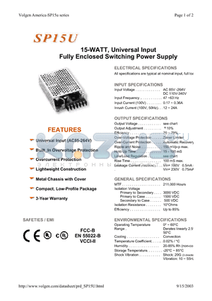 SP15U datasheet - 15-WATT, Universal Input Fully Enclosed Switching Power Supply