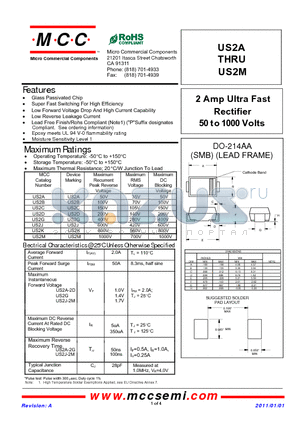 US2A datasheet - 2 Amp Ultra Fast Rectifier 50 to 1000 Volts