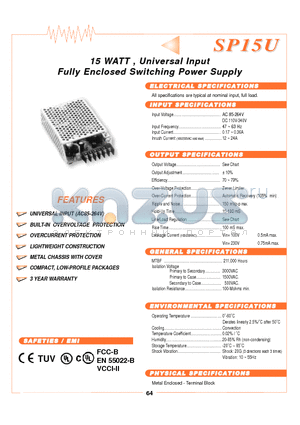 SP15U-05S datasheet - 15 WATT ,, Uniiverrsall IInputt Fulllly Encllosed Swiittchiing Powerr Supplly