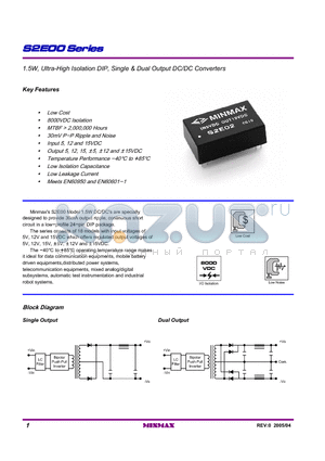 S2E00 datasheet - 1.5W, Ultra-High Isolation DIP, Single & Dual Output DC/DC Converters