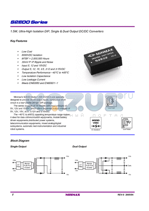 S2E05 datasheet - 1.5W, Ultra-High Isolation DIP, Single & Dual Output DC/DC Converters