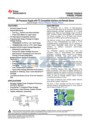 TPS62360YZHT datasheet - 3A Processor Supply with I2C Compatible Interface and Remote Sense