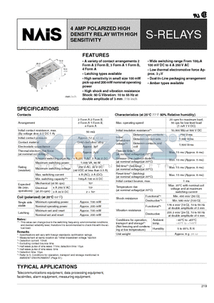 S2EB-12 datasheet - 4 AMP POLARIZED HIGH DENSITY RELAY WITH HIGH SENSITIVITY