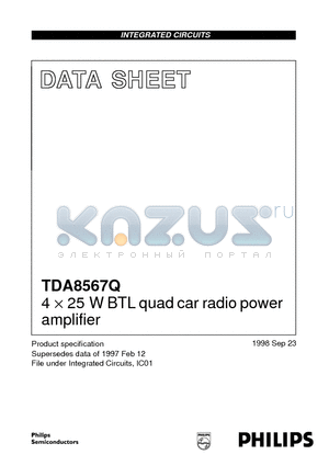 TDA8567 datasheet - 4 x 25 W BTL quad car radio power amplifier