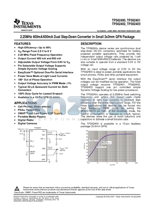 TPS62400DRCRG4 datasheet - 2.25MHz 400mA/600mA Dual Step-Down Converter In Small 3x3mm QFN Package