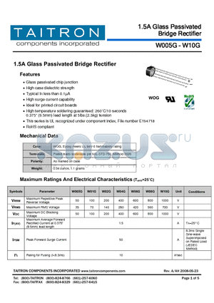 W06G datasheet - 1.5A Glass Passivated Bridge Rectifier