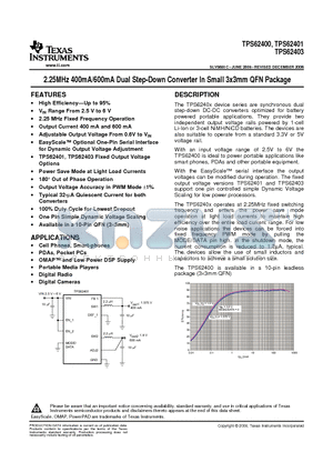 TPS62401DRCRG4 datasheet - 2.25MHz 400mA/600mA Dual Step-Down Converter In Small 3x3mm QFN Package