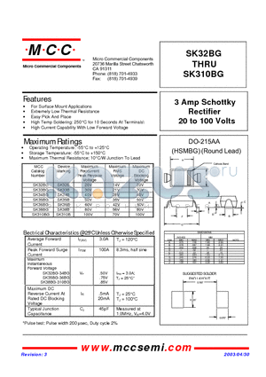 SK38BG datasheet - 3 Amp Schottky Rectifier 20 to 100 Volts