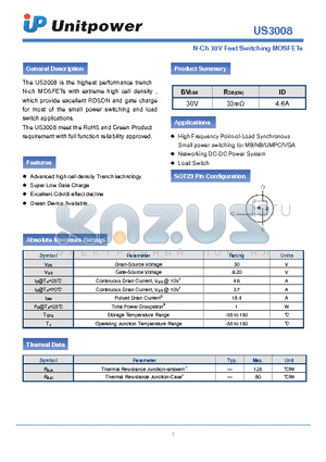 US3008 datasheet - N-Ch 30V Fast Switching MOSFETs