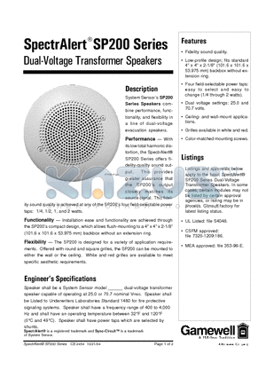 SP200W datasheet - Dual-Voltage Transformer Speakers