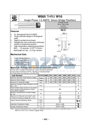 W08 datasheet - Single Phase 1.5 AMPS. Silicon Bridge Rectifiers