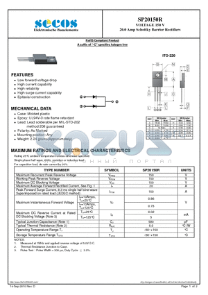 SP20150R datasheet - 20.0 Amp Schottky Barrier Rectifiers