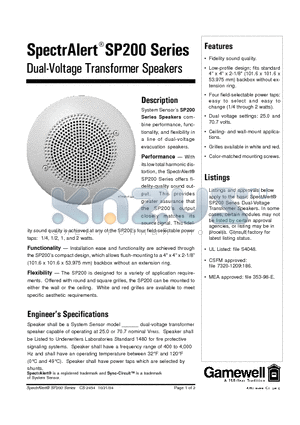 SP201R datasheet - Dual-Voltage Transformer Speakers