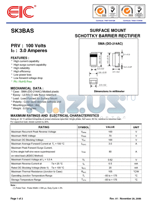 SK3BAS datasheet - SURFACE MOUNT SCHOTTKY BARRIER RECTIFIER