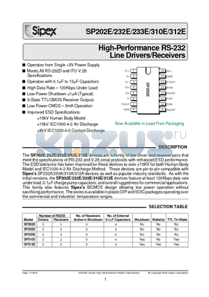 SP202ECN/TR datasheet - High-Performance RS-232 Line Drivers/Receivers