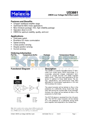 US3881 datasheet - CMOS Low Voltage Hall Effect Latch