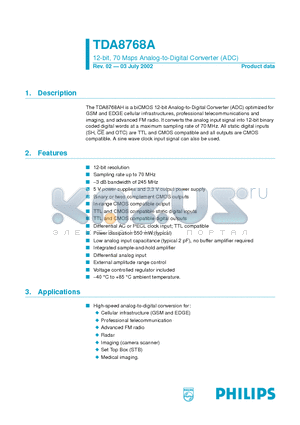 TDA8768A datasheet - 12-bit, 70 Msps Analog-to-Digital Converter (ADC)