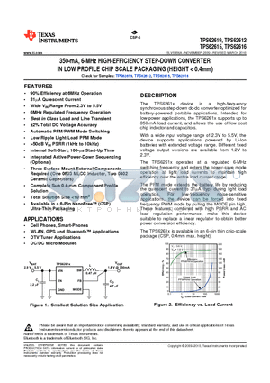 TPS62612 datasheet - 350-mA, 6-MHz HIGH-EFFICIENCY STEP-DOWN CONVERTER IN LOW PROFILE CHIP SCALE PACKAGING (HEIGHT < 0.4mm)