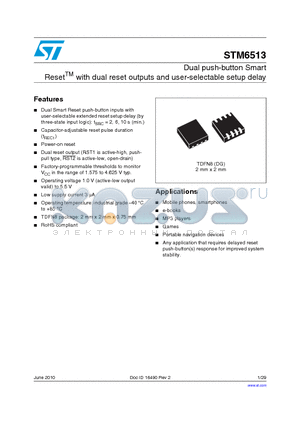 STM6513 datasheet - Dual push-button Smart ResetTM with dual reset outputs and user-selectable setup delay